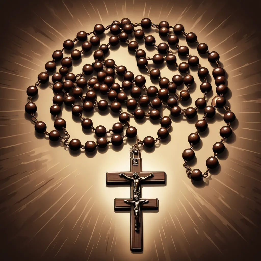 a rosary with a cross on a brown background with rays of light coming through it and a glowing light shining on the cross, gothic art, a flemish Baroque, Dionisius, divine