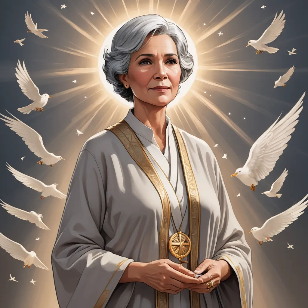 a painting of a woman with doves around her and a halo around her neck and hands, with a dove in the background, symbolism, a character portrait, Aya Goda, maya