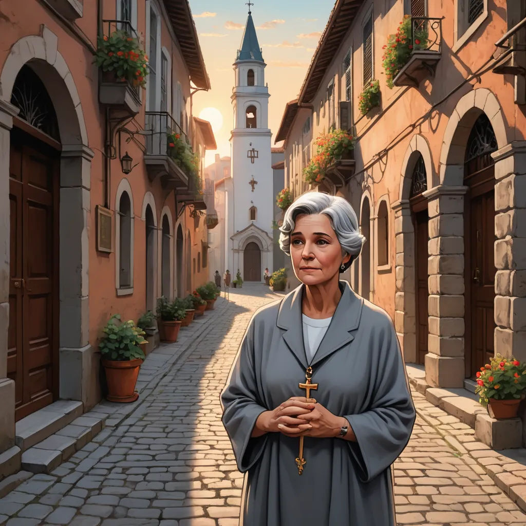 a painting of a woman standing in a street with a cross in her hands and a church in the background, american scene painting, an ultrafine detailed painting, F. Scott Hess, professional digital painting