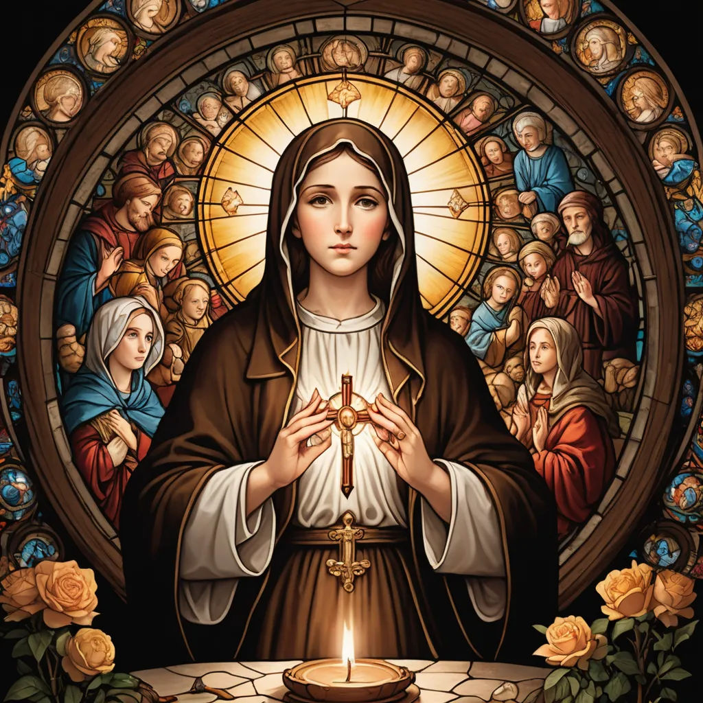 a painting of a woman holding a candle in front of a stained glass window with a bunch of people around her, gothic art, a mosaic, Fra Angelico, radiant light