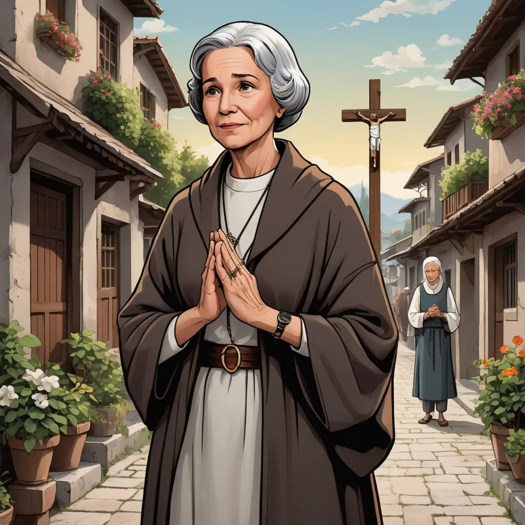 a woman in a nun outfit standing in front of a cross and a building with flowers on it and a woman in a white dress, serial art, a character portrait, Eva Gonzalès, official art