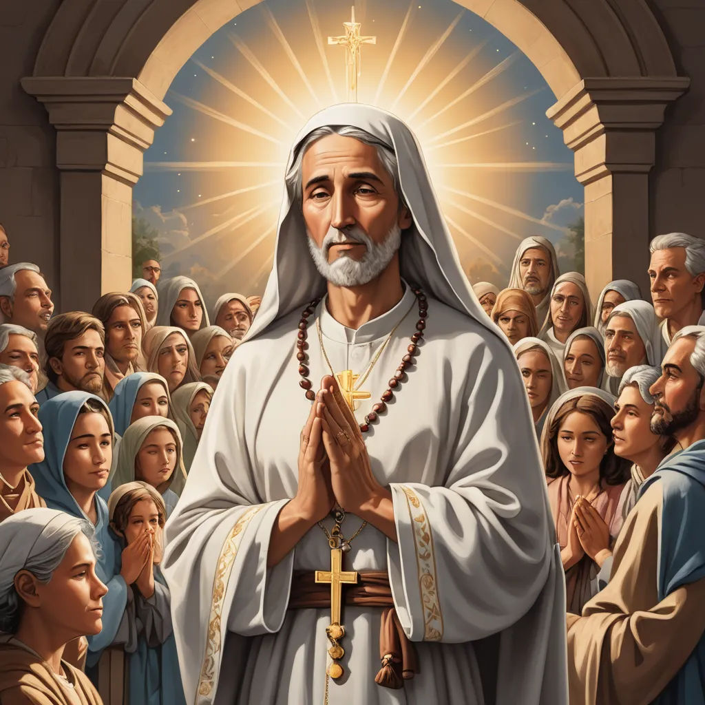 a painting of a man with a cross in his hands and a crowd of people around him, all dressed in white, rayonism, an ultrafine detailed painting, Brothers Hildebrandt, radiant light