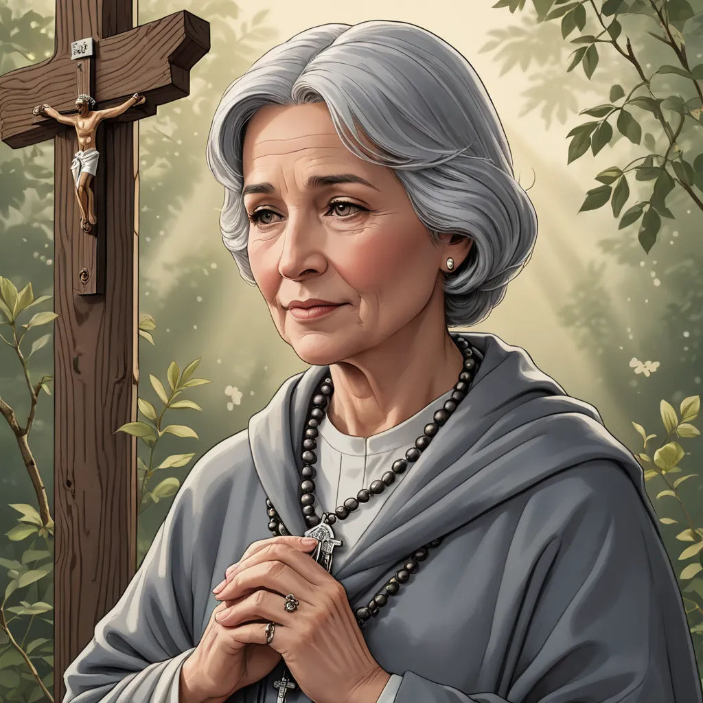 a painting of a woman with a cross in the background and a painting of a tree behind her,, serial art, a character portrait, Eva Gonzalès, character portrait
