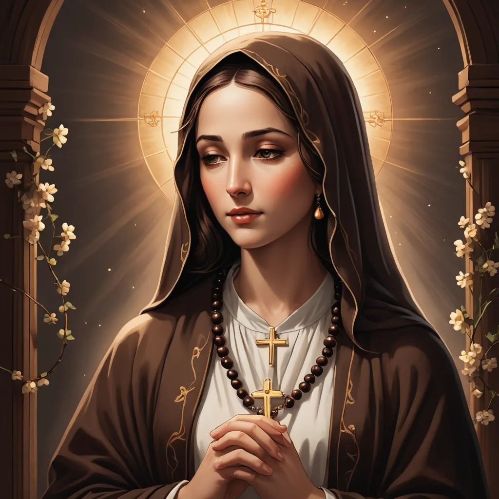 a painting of a woman holding a cross in her hands with a light shining behind her and flowers in the background, gothic art, an ultrafine detailed painting, Charles McAuley, radiant light