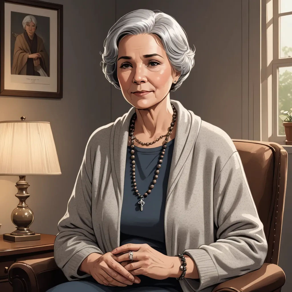 a woman sitting in a chair with a necklace on her neck and a lamp on the side table behind her, american scene painting, a character portrait, Dorothy King, character portrait
