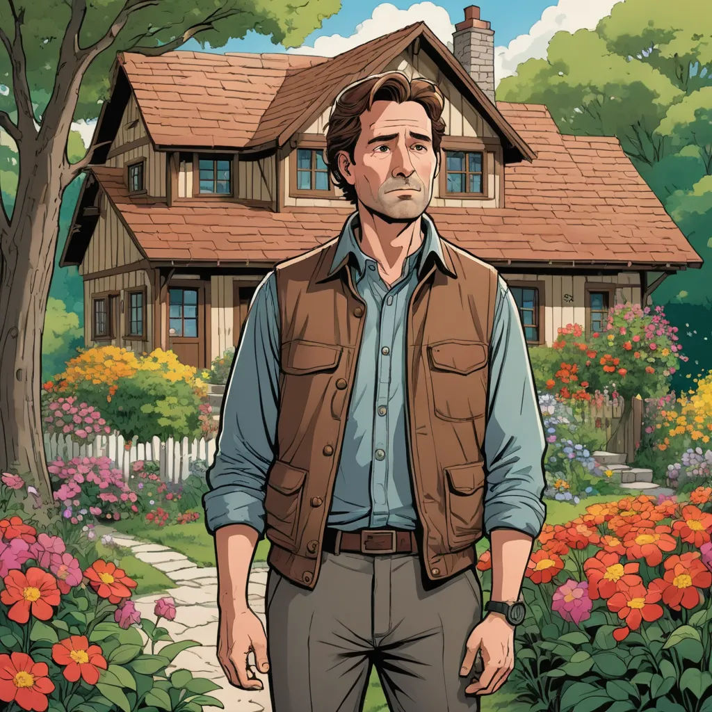 a man standing in front of a house with flowers in the yard and a tree in the background with a house in the background, arts and crafts movement, a comic book panel, Clark Voorhees, official art