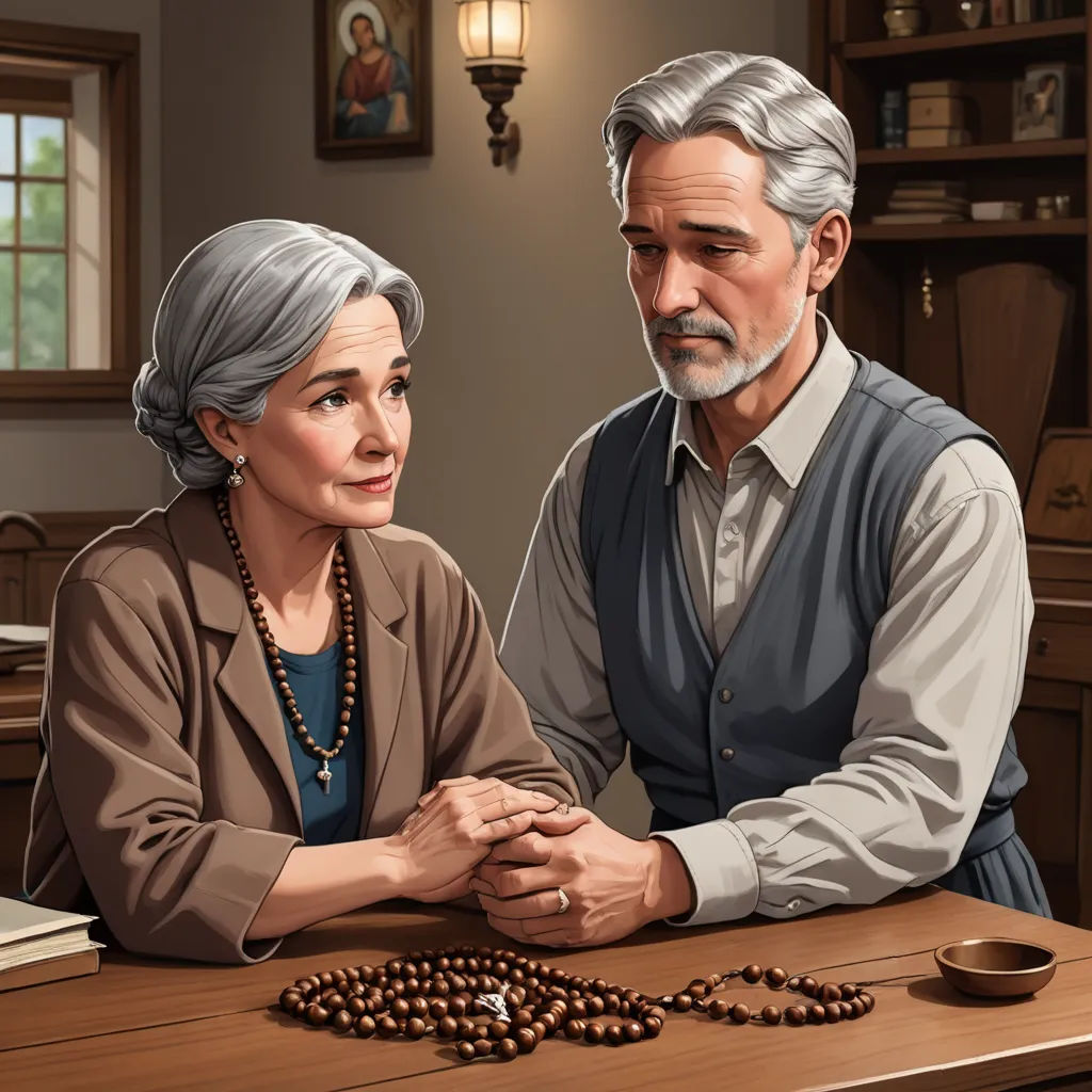 a painting of a man and woman sitting at a table with a rosary on it and a book on the table, sots art, a digital rendering, F Scott Hess, official art
