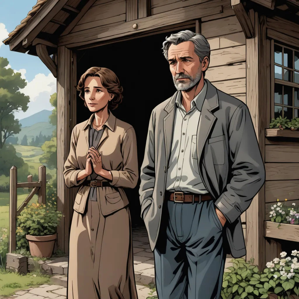 a man and a woman standing in front of a house with a dog in the yard and a dog in the yard, international gothic, a comic book panel, Christophe Vacher, official art