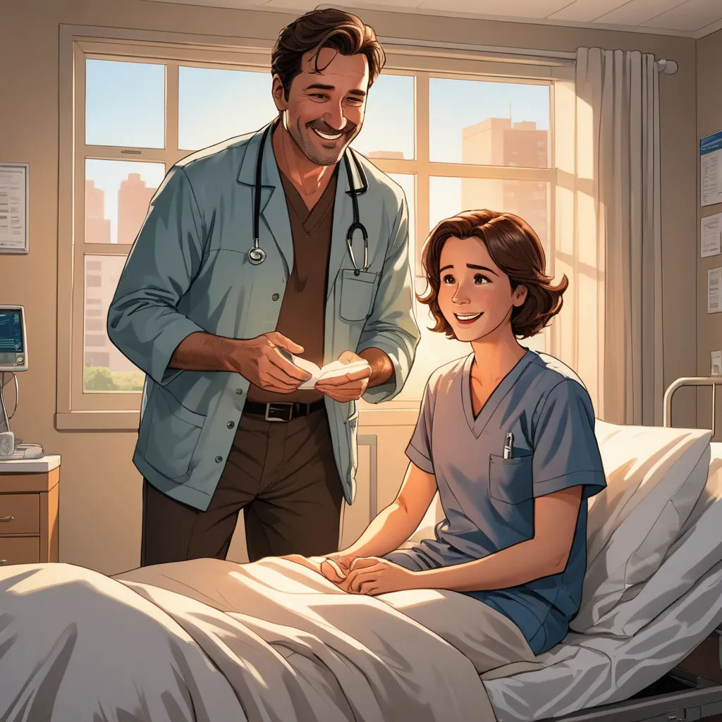 a man in a hospital bed with a woman in a hospital bed and a doctor standing next to him, american scene painting, a comic book panel, Doc Hammer, official art