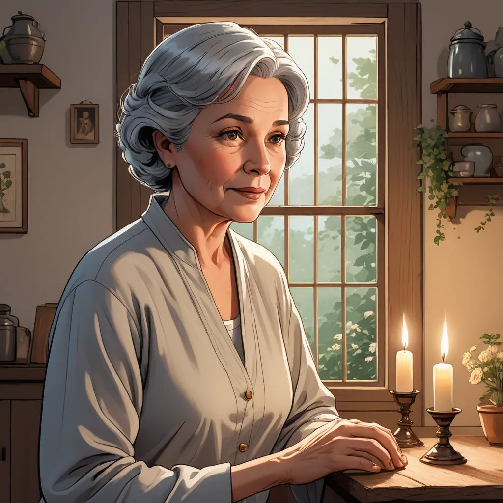 a woman sitting at a table with a candle in front of her and a window behind her with a view of a forest, american scene painting, a character portrait, Anne Said, character portrait