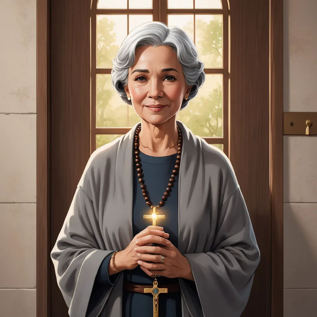 a painting of a woman holding a cross and a rosary in her hands, in front of a window, sots art, a character portrait, F. Scott Hess, character portrait