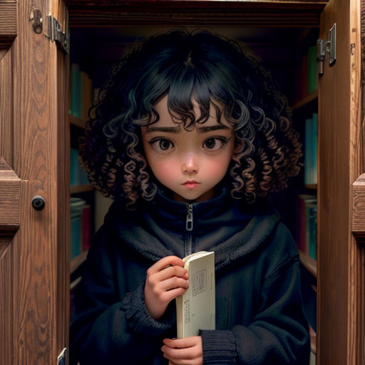 a little girl is holding a book in a bookcase with a book in her hands and looking out the window
