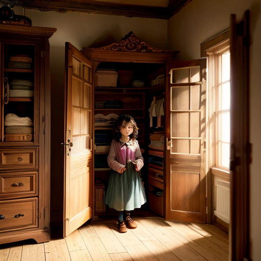 a little girl standing in a closet with a drawer and a door open to a closet with a bed and a dresser