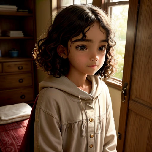 a little girl standing in front of a window in a room with a bed and a dresser and a chair