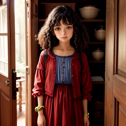 a little girl standing in a doorway with a red dress and a blue shirt on and a red jacket on