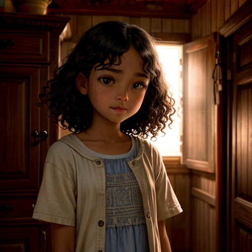 a little girl standing in a doorway with a light shining through the window behind her and a teddy bear in the corner