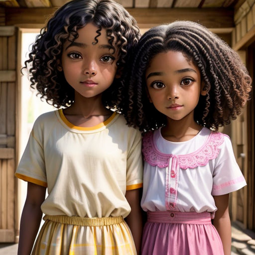 two young girls standing next to each other in front of a building with a wooden door and a wooden roof