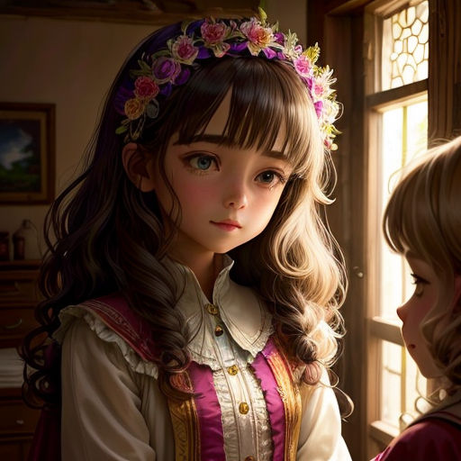 a little girl with a flower crown on her head looking at another girl with a flower crown on her head