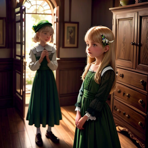 a little girl standing next to a little girl in a green dress and a white blouse and a green hat