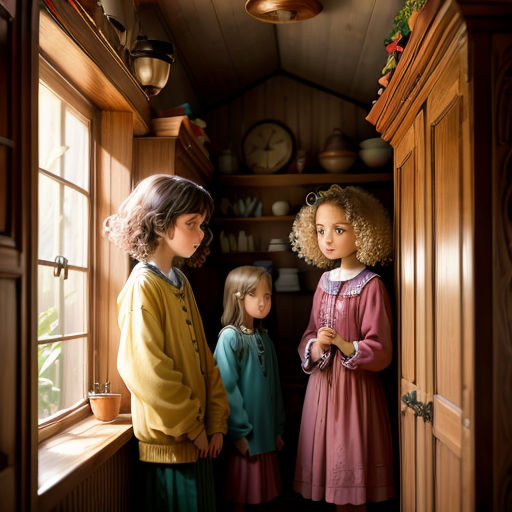 three dolls are standing in a small room with a window and a shelf with clocks on it and a clock on the wall