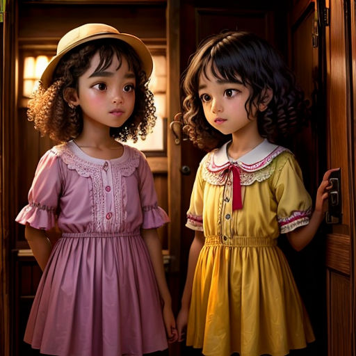 two little girls standing in a doorway with a hat on their head and one girl in a dress and a hat on her head
