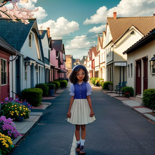 a little girl standing on a street in a neighborhood with houses and flowers in the background and a blue sky with clouds