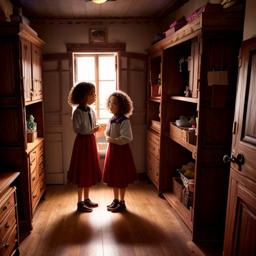 two little girls standing in a room with wooden floors and cabinets, looking out the window at the light coming in