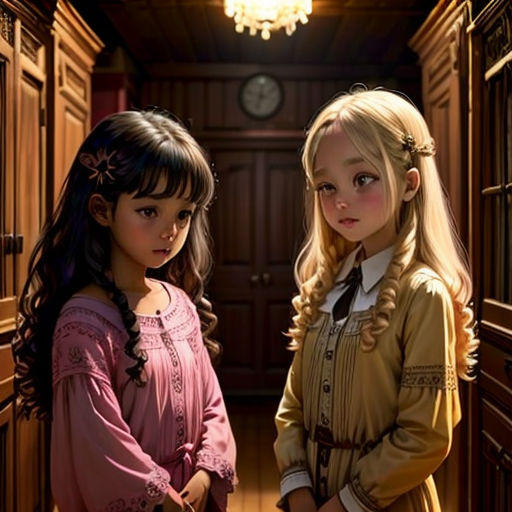 two young girls standing in a hallway next to a light fixture and a clock on the wall behind them
