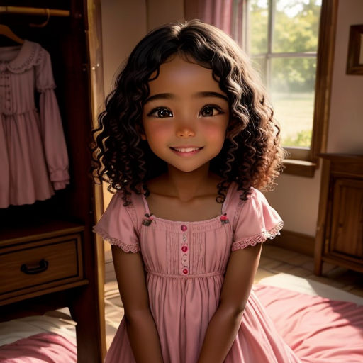 a little girl in a pink dress is sitting on a bed and smiling at the camera with a pink blanket on the floor