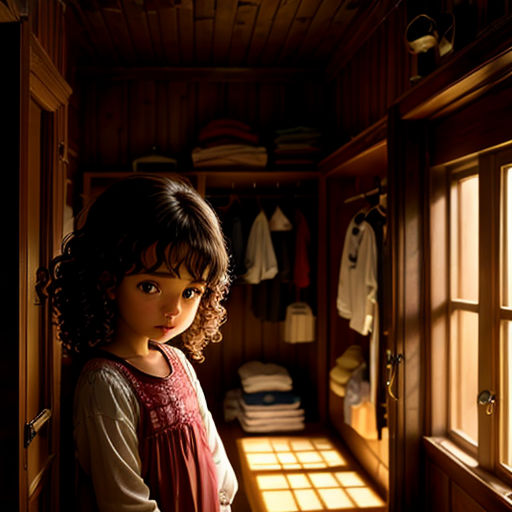 a little girl standing in a room with a window and a shelf with clothes on it and a window sill with a light coming through
