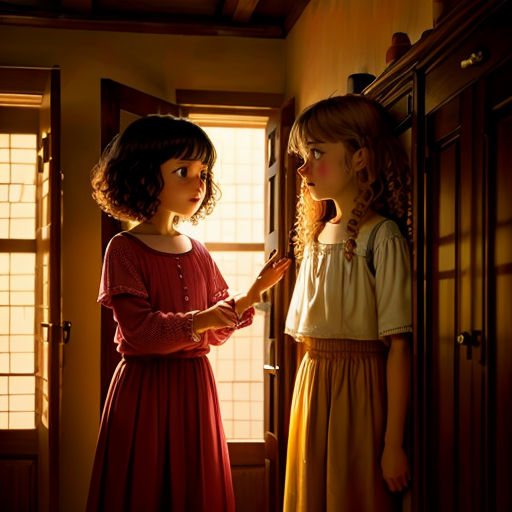 two young girls standing in a room looking out a window at each other and one is holding a doll