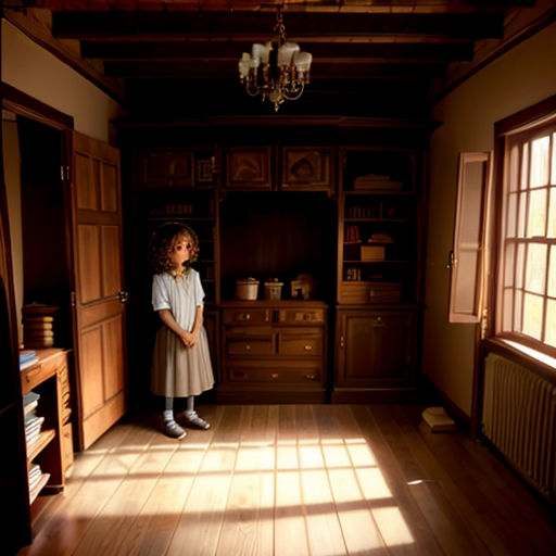 a little girl standing in a room with a light shining on her face and a window in the background