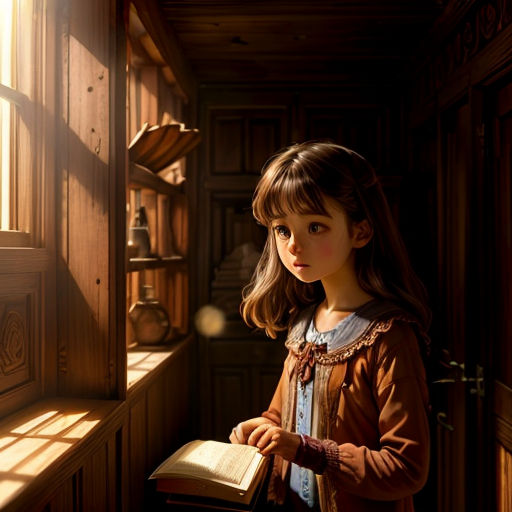 a little girl standing in a room with a book in her hand and looking out the window at the light coming through the window