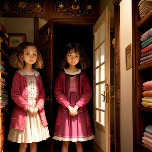 two little girls standing in a closet with folded clothes on shelves and a door open to a closet full of folded clothes