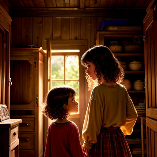 two children standing in a kitchen looking at each other and looking at each other with sunlight streaming through the window