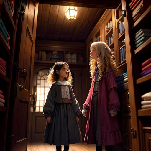 two little girls standing in a doorway of a book store holding hands and looking at each other with books on shelves behind them