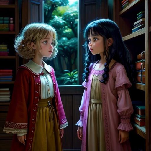 two little girls standing next to each other in a library looking out the window at the bookcases