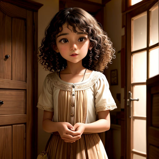 a little girl standing in front of a wooden door with her hands folded in front of her chest and looking at the camera