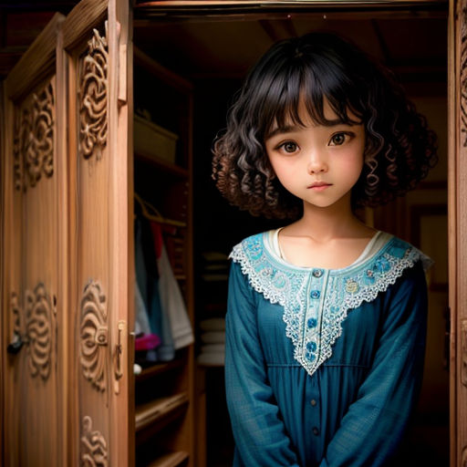 a little girl standing in a closet with a blue shirt on and a white shirt on her chest and a brown coat on her back