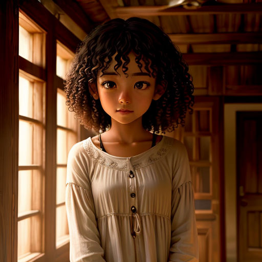 a doll is standing in a room with a window and a fan on the wall behind it, and a window behind it