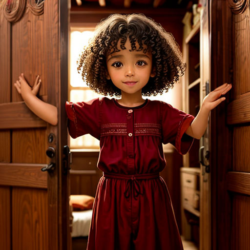 a little girl standing in a doorway with her hands on the door handle and her arms out to the side