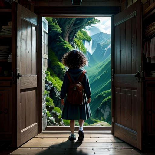 a little girl standing in an open door to a green mountain landscape with a forest scene on the wall