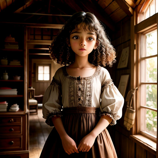 a young girl in a dress standing in a room with a window and a desk in the background with a bookcase