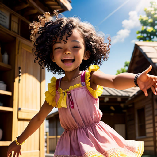 a little girl in a pink dress is holding her arms out and smiling at the camera while standing outside
