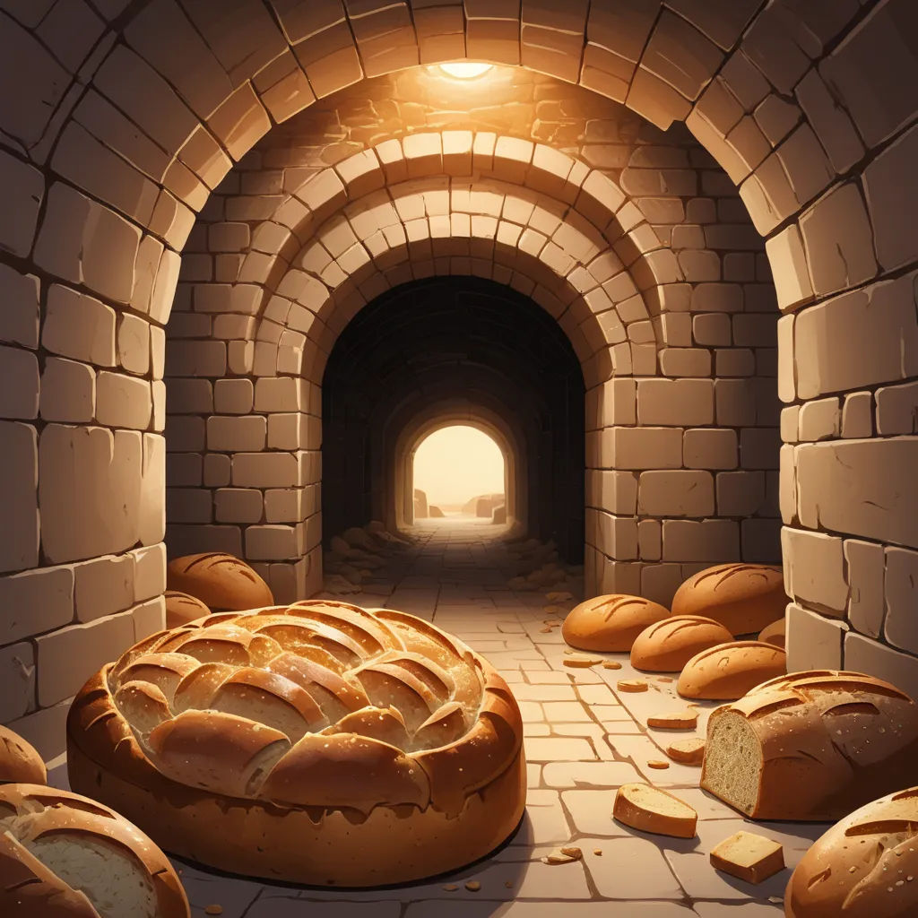 a tunnel with bread and bread slices on the floor and a light at the end of the tunnel is shining, symbolism, a storybook illustration, Cyril Rolando, storybook illustration
