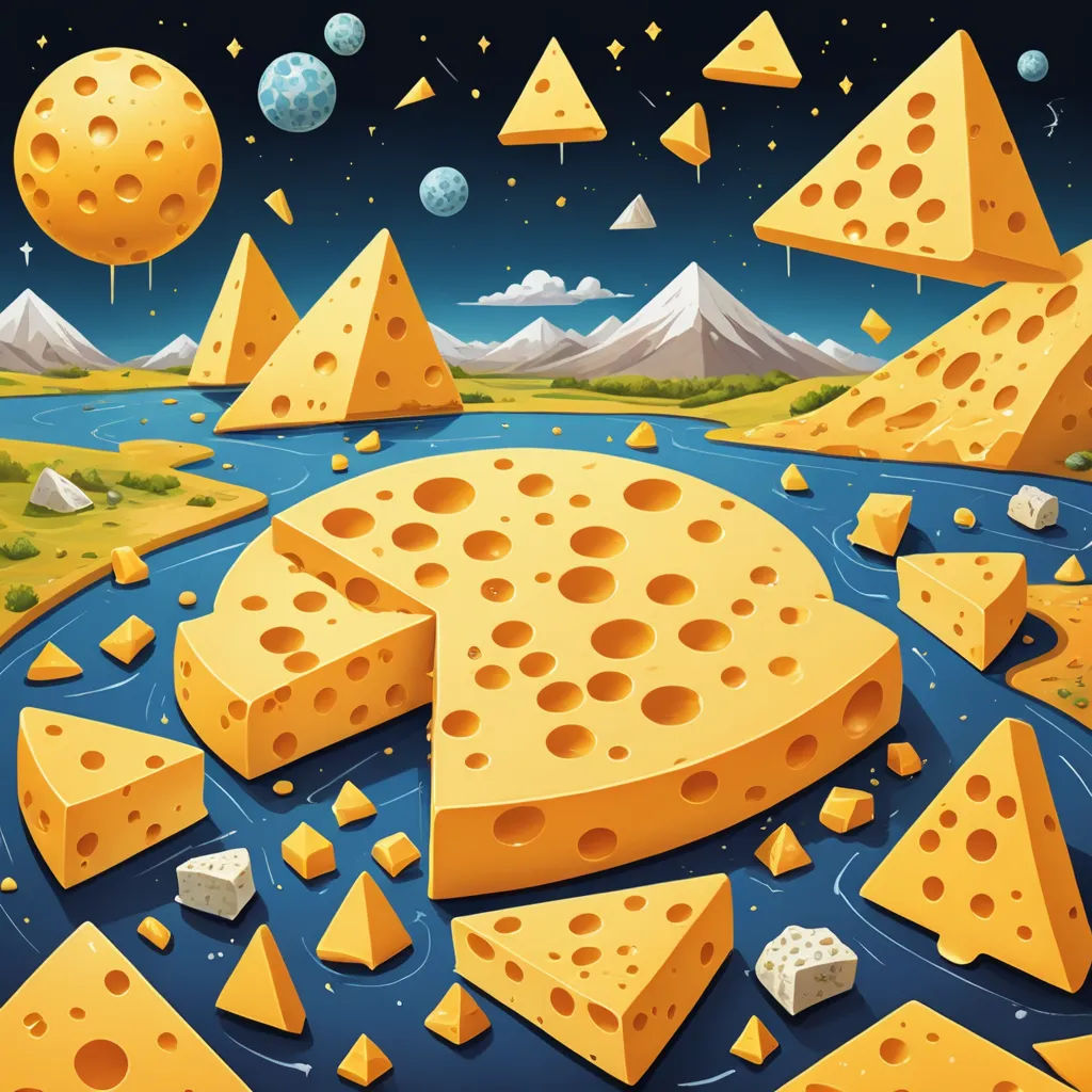 a painting of a large piece of cheese with mountains in the background and a river running through it with rocks and cheese slices, precisionism, vector art, Chris LaBrooy, rossdraws global illumination