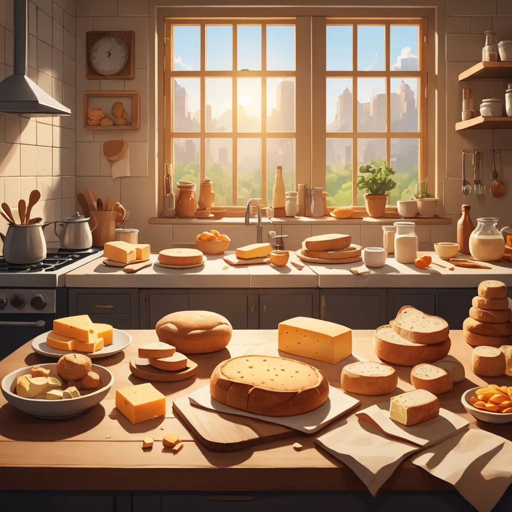 a kitchen with a lot of cheese on the counter top and a window with a city view outside of it, american scene painting, a detailed matte painting, Evgeny Lushpin, unreal engine highly rendered