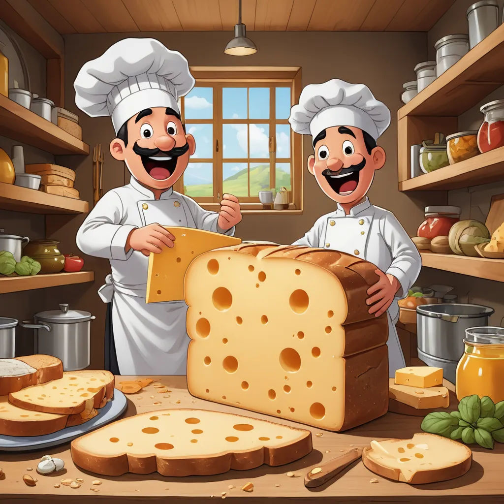 two chefs are making a big piece of cheese in the kitchen together, with a large loaf of cheese on the counter, naive art, a stock photo, Andries Both, storybook illustration