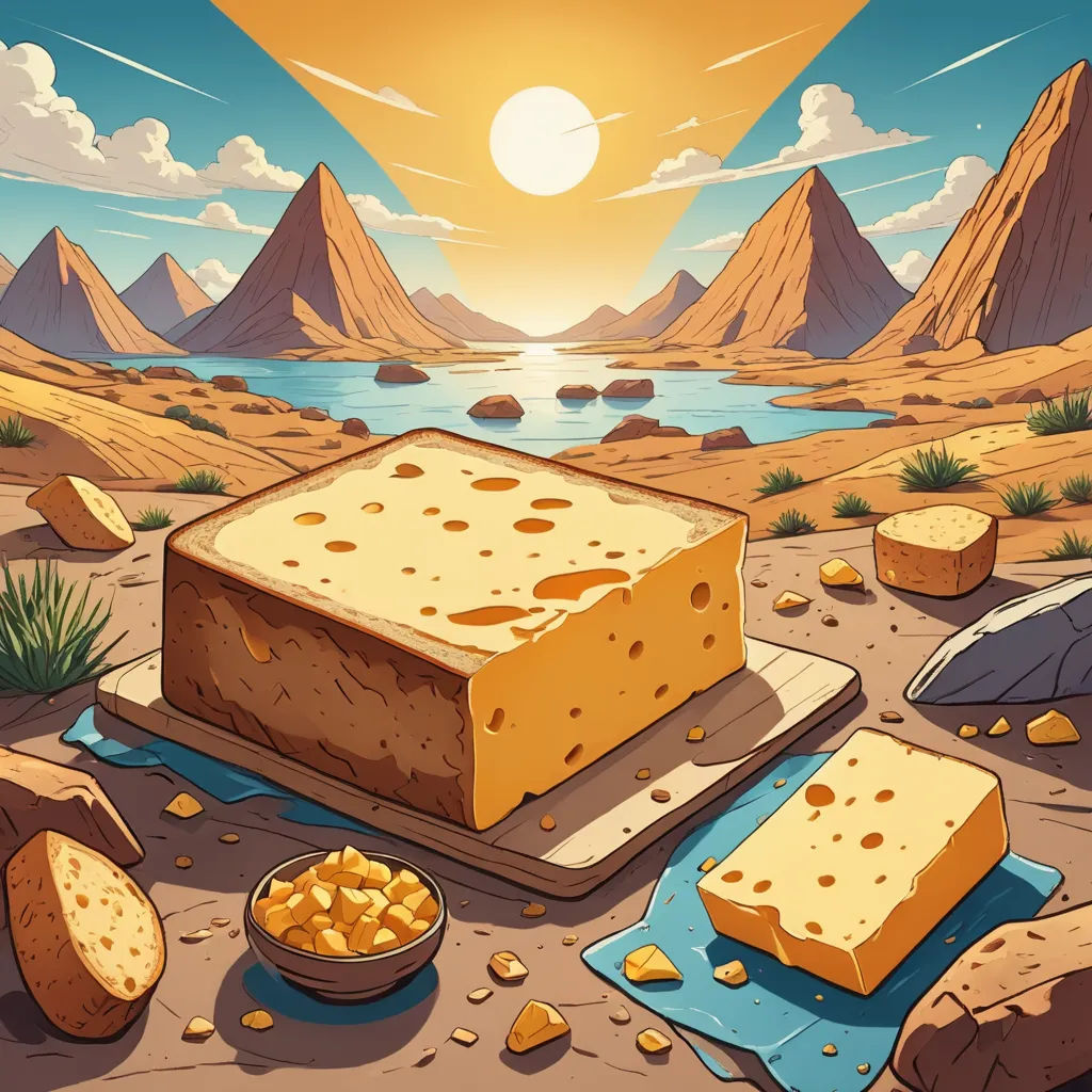 a cartoon of a desert scene with a desert landscape and a desert food dish on a plate and a bowl of crackers, serial art, an album cover, Chris LaBrooy, rossdraws global illumination