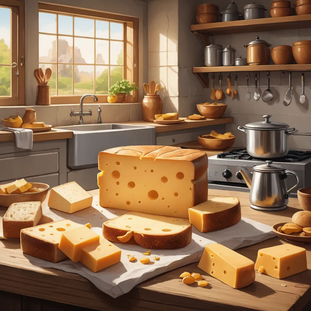 a painting of a kitchen with cheese and bread on the counter top and a pot and pans on the stove, american scene painting, a detailed matte painting, Evgeny Lushpin, rossdraws global illumination